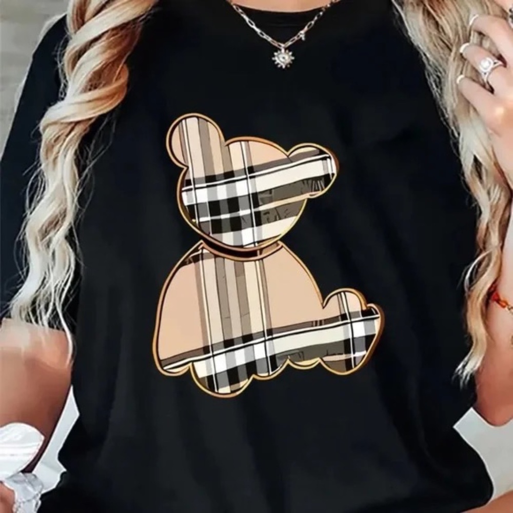 Black T-Shirt with Plaid Bear Design NWOT - Picture 1 of 6